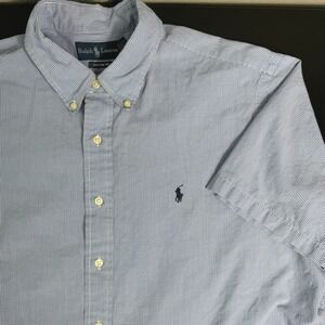 Ralph Lauren Mens XXL Custom Fit Gingham Short Sleeve Button Down Shirt Blue